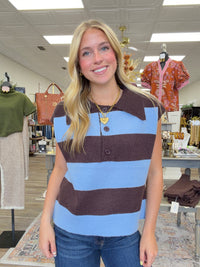 The Evie sweater - knit polo sweater with wide brown and light blue horizontal stripes, partial button-front placket. Entro style#T31886
