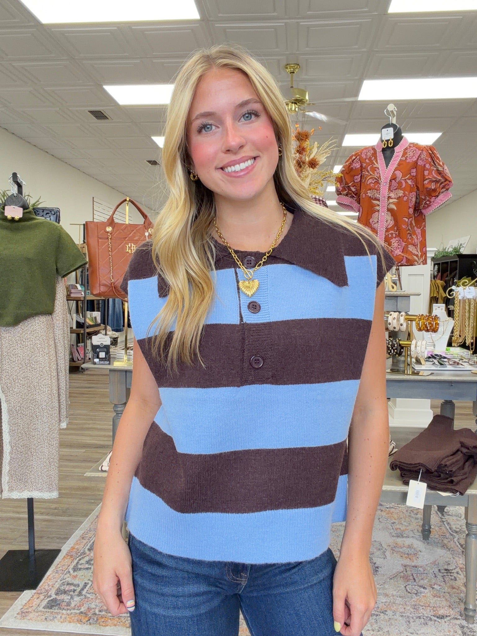 The Evie sweater - knit polo sweater with wide brown and light blue horizontal stripes, partial button-front placket. Entro style#T31886