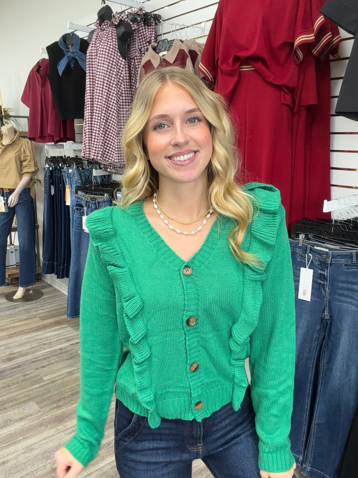 Emerald Charm Ruffle Knit Cardigan