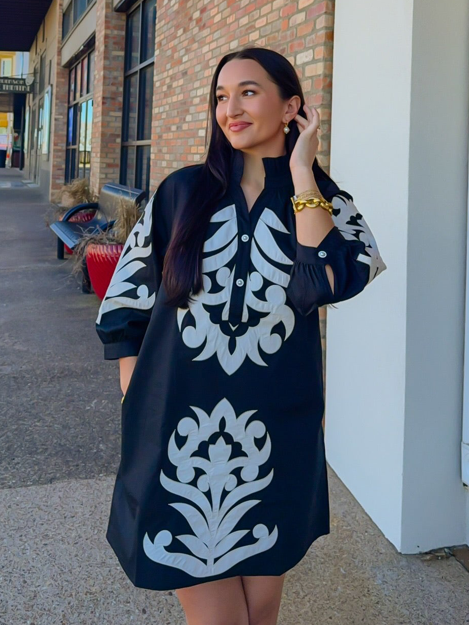 The Charlotte Dress - Black Collar Appliqué Design Details - Jodifl