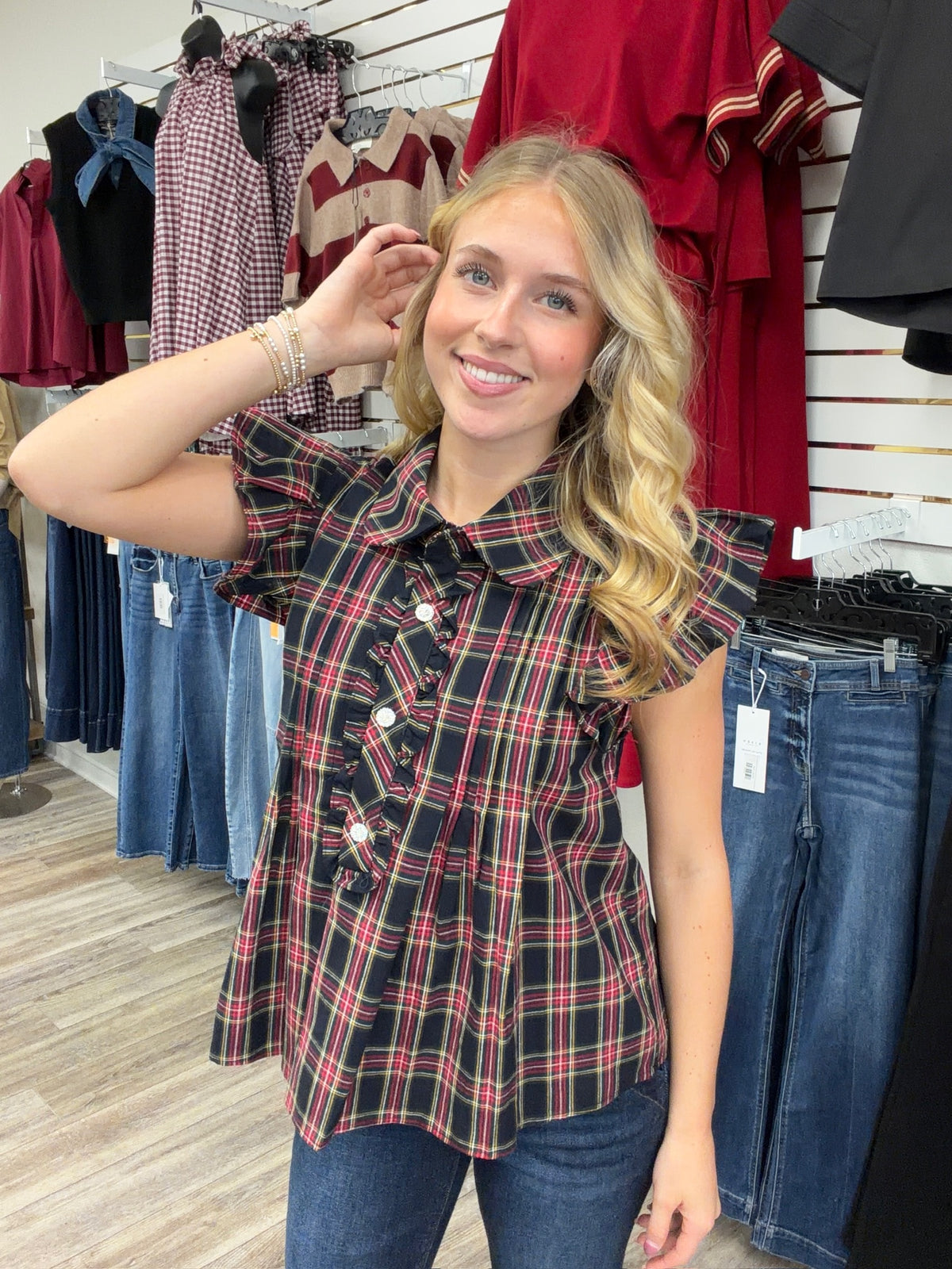 The Kristen Black Plaid Top - Collar detailing ruffle sleeve cz button