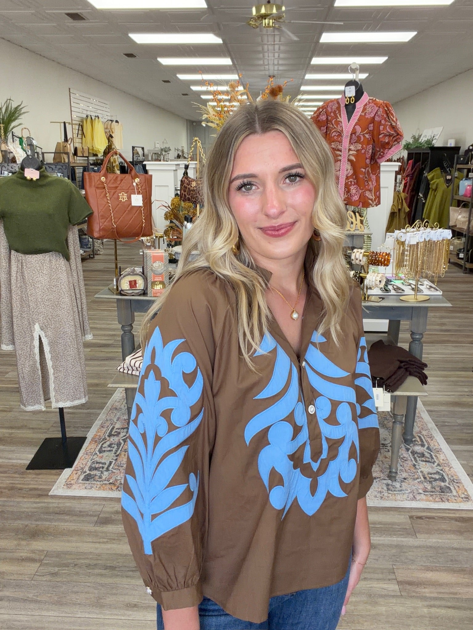 Blue Belle Embroidered Statement Blouse – Chocolate Brown