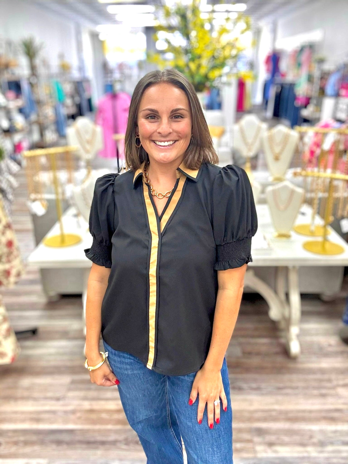Sadie Black Top - Brown Collar Button Down Detail With Puff Sleeve V Neckline Featuring a Relaxing Fit