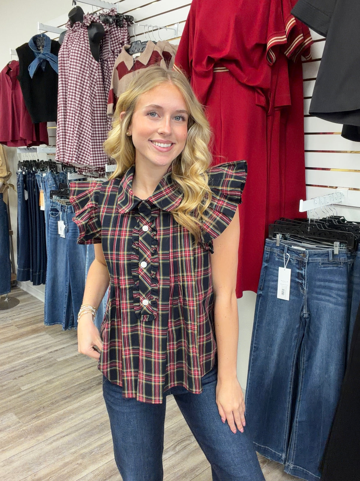 The Kristen Black Plaid Top - Collar detailing ruffle sleeve cz button