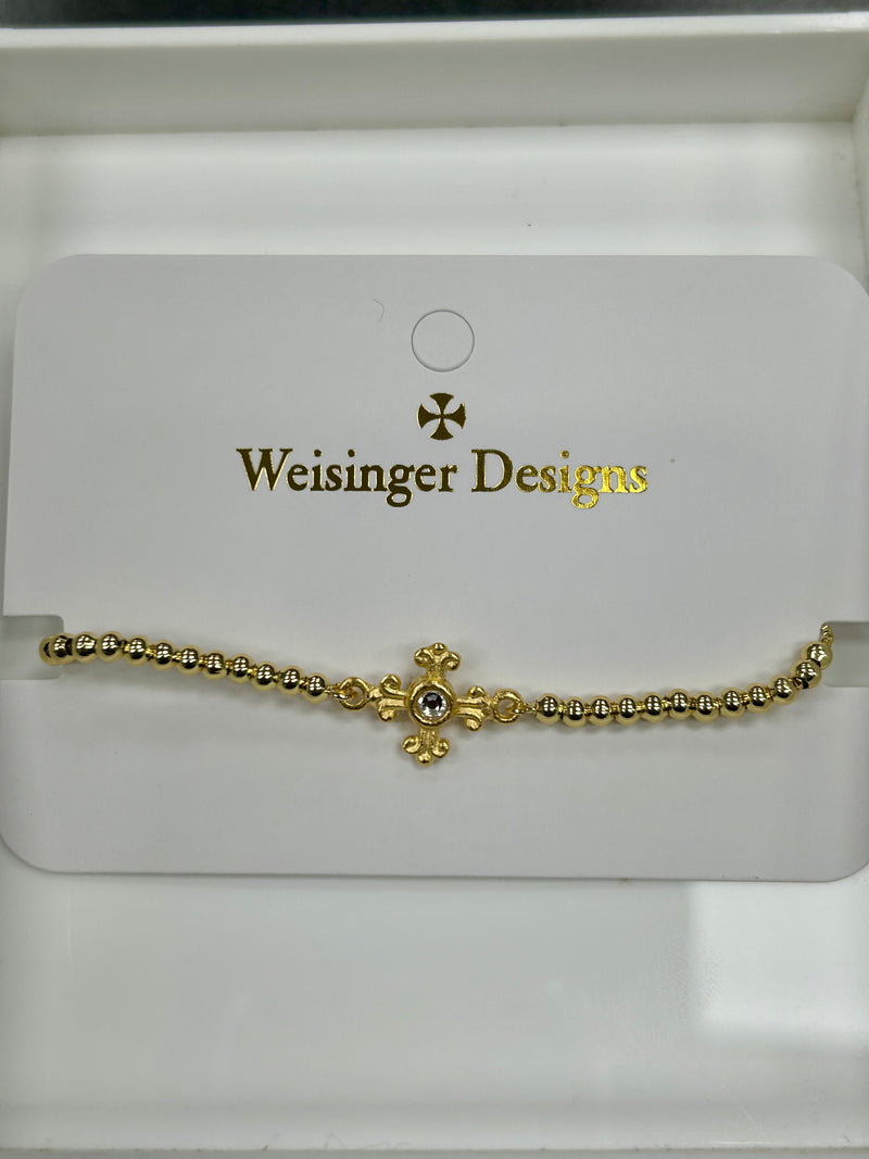 Weisinger Design - adjustable double sided rhinestone cross gold beaded bracelet