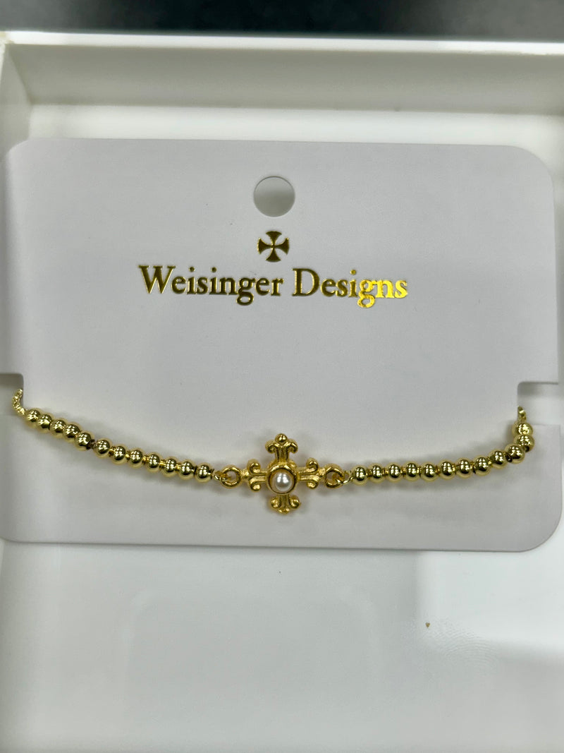 Weisinger Design - adjustable double side pearl cross gold beaded bracelet