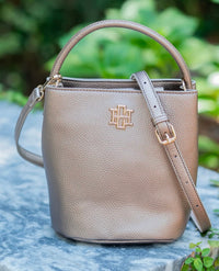 Caroline Hill -  Breyer Bucket Bag Bronze Short tubular handle for everyday carry; detachable crossbody strap for versatile styling