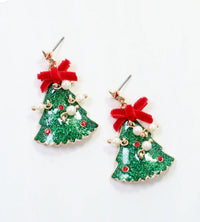 Christmas Tree Earring with Bow and Pearls Green - Caroline Hill
