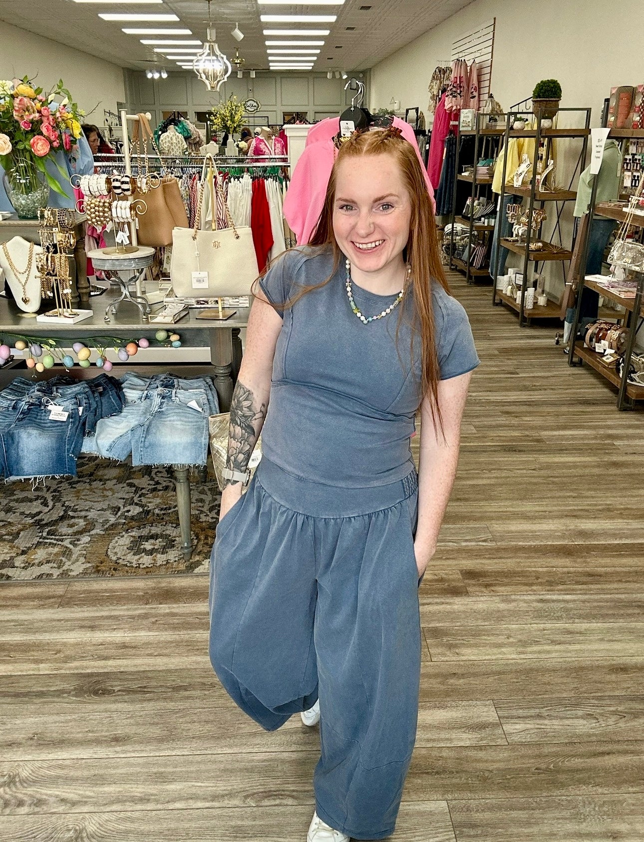 The Camille Set - Blue Mineral Wash with Wide Leg Pants & Cropped T-Shirt - Ee:some