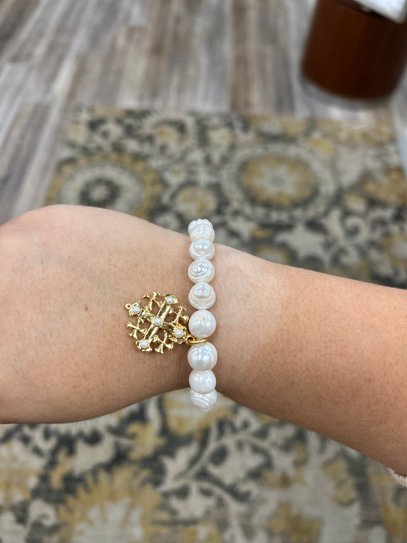 Weisinger Design - Pearl Stretch Bracelet with Pearl Jerusalem Cross