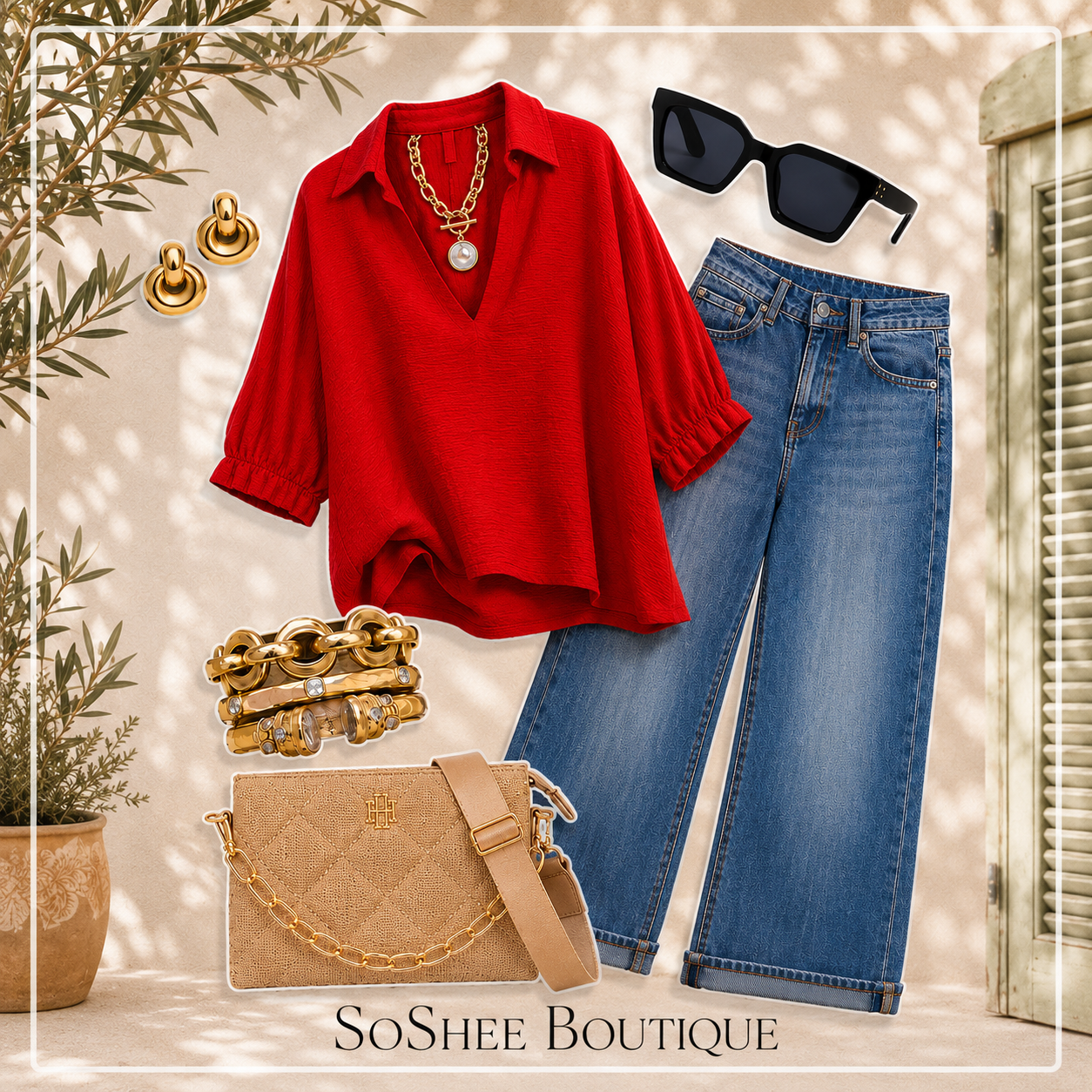 The Harper blouse - Relaxed oversized blouse featuring a split V-neck collar, flowy short sleeves, and a scalloped bottom hem