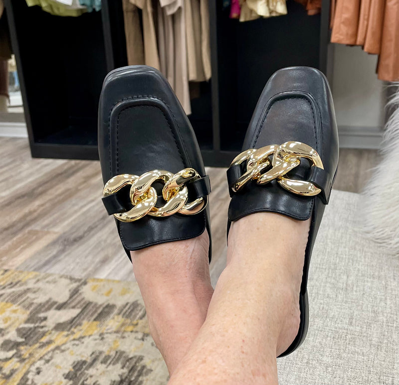 Black mule with gold chain embellishment – SoShee Boutique Black mule with gold chain embellishment – SoShee Boutique