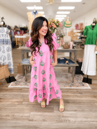 The Janis Dress - puff sleeves long button down pink dress with green floral design - Entro