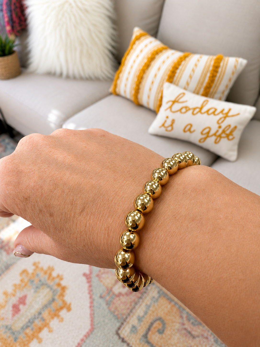 8mm beaded stackable stretch bracelets-steel 18k gold overlay