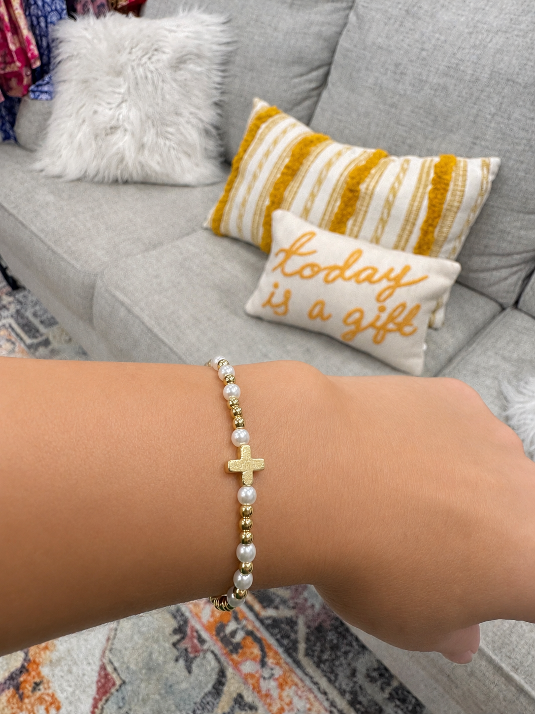 Stretch beaded gold stackable bracelet with cross and pearls accent – steel 18 karat gold overlay