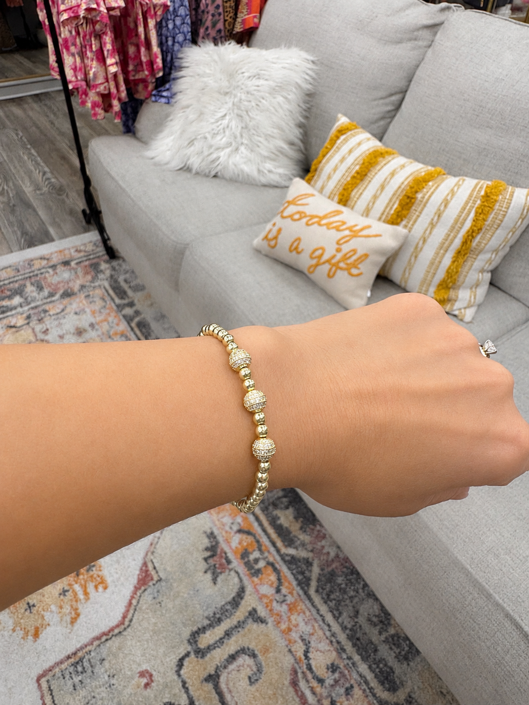 Stretch beaded stackable gold bracelet with cz accent beads - steel 18 karat gold overlay