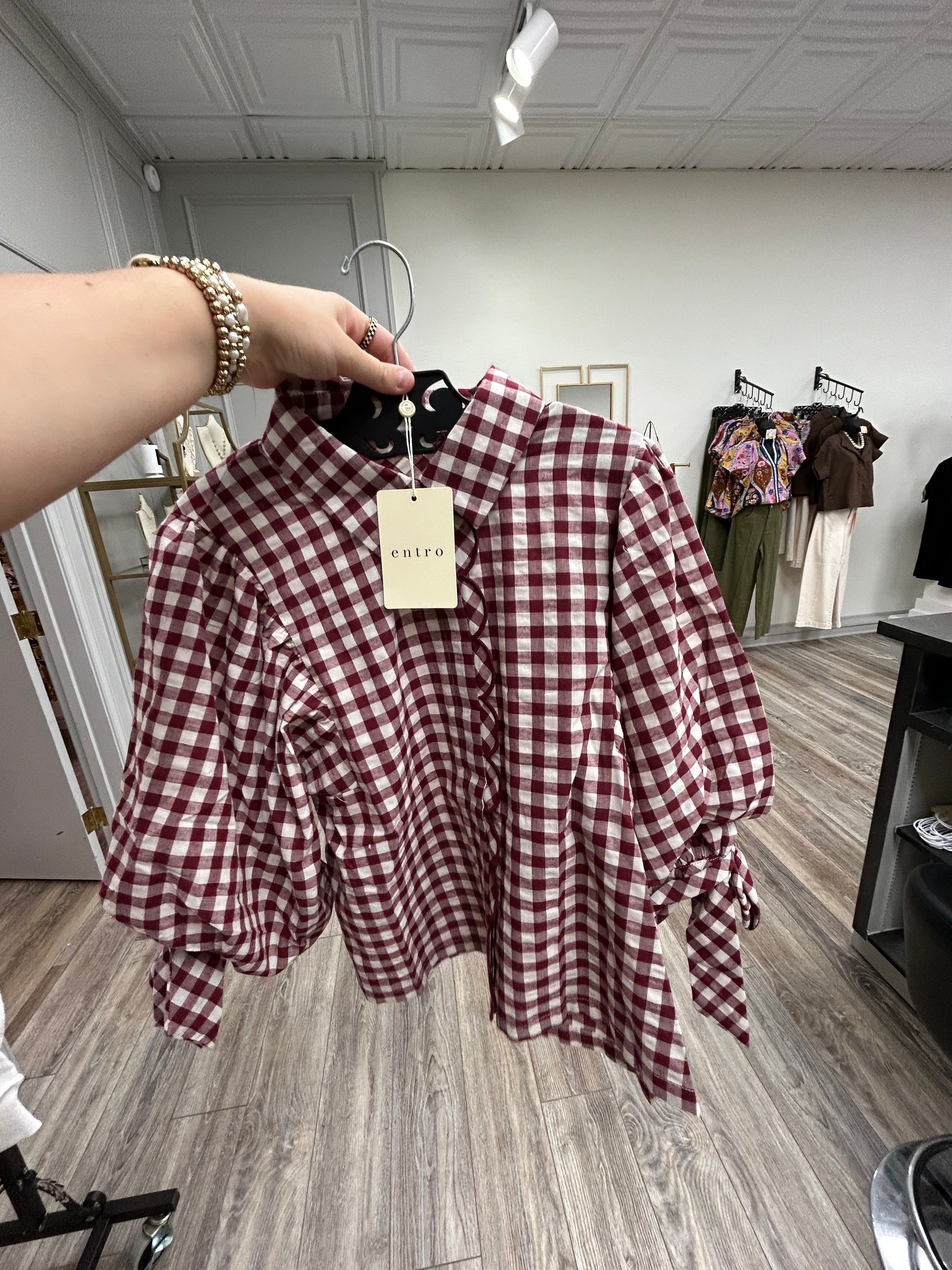 Autumn Orchard Gingham Ruffle Blouse – Burgundy & Ivory