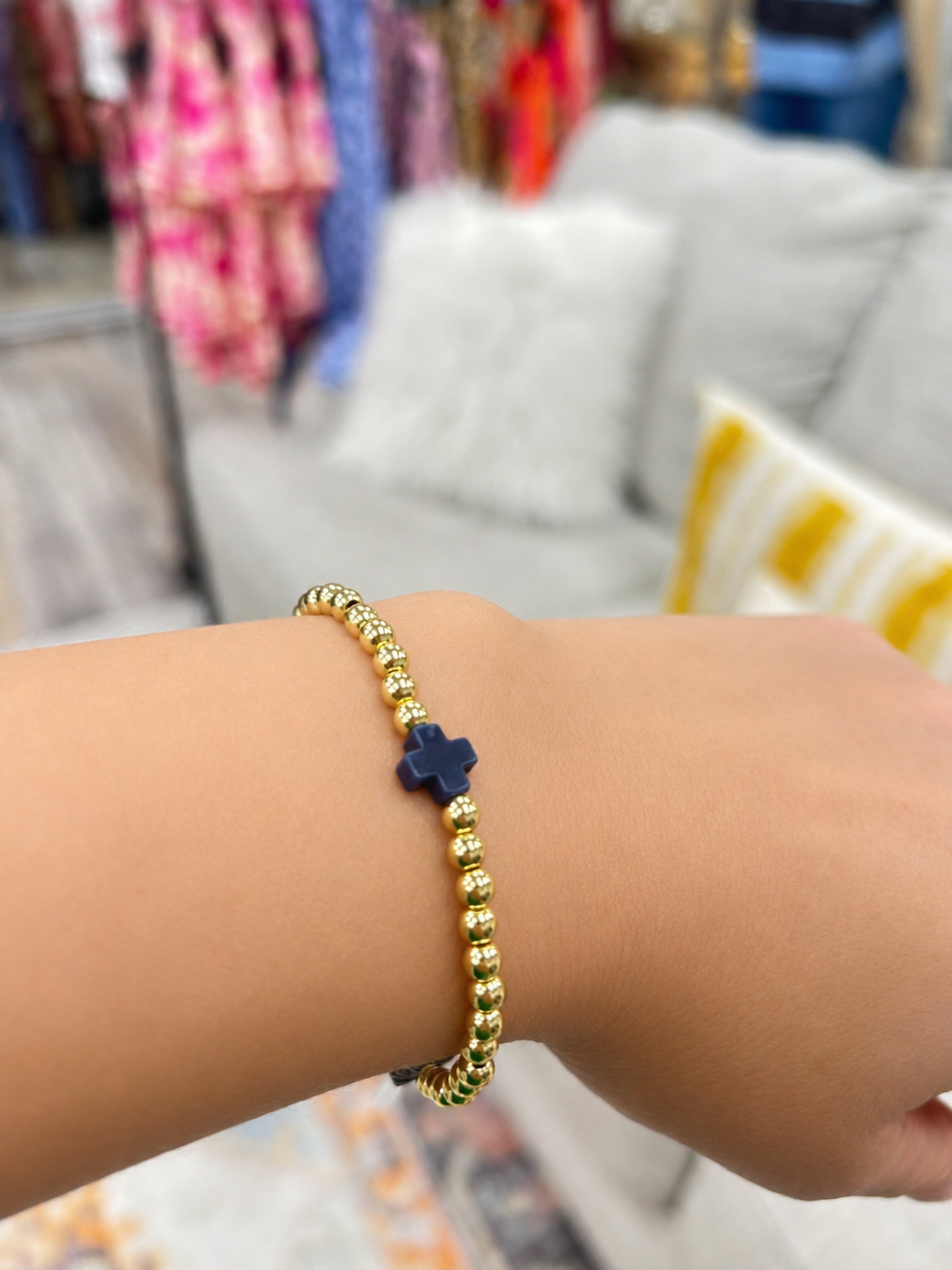 Stretch beaded gold stackable bracelet with blue cross accent- steel 18 karat gold overlay