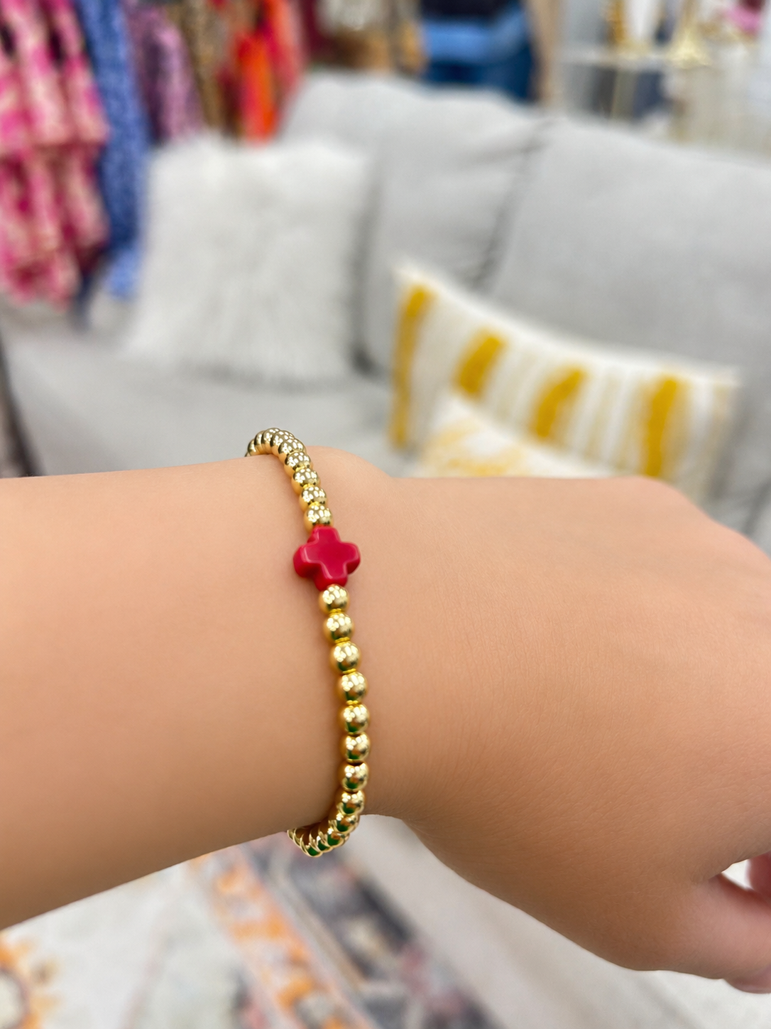 Stretch beaded gold stackable bracelet with red cross accent- steel 18 karat gold overlay