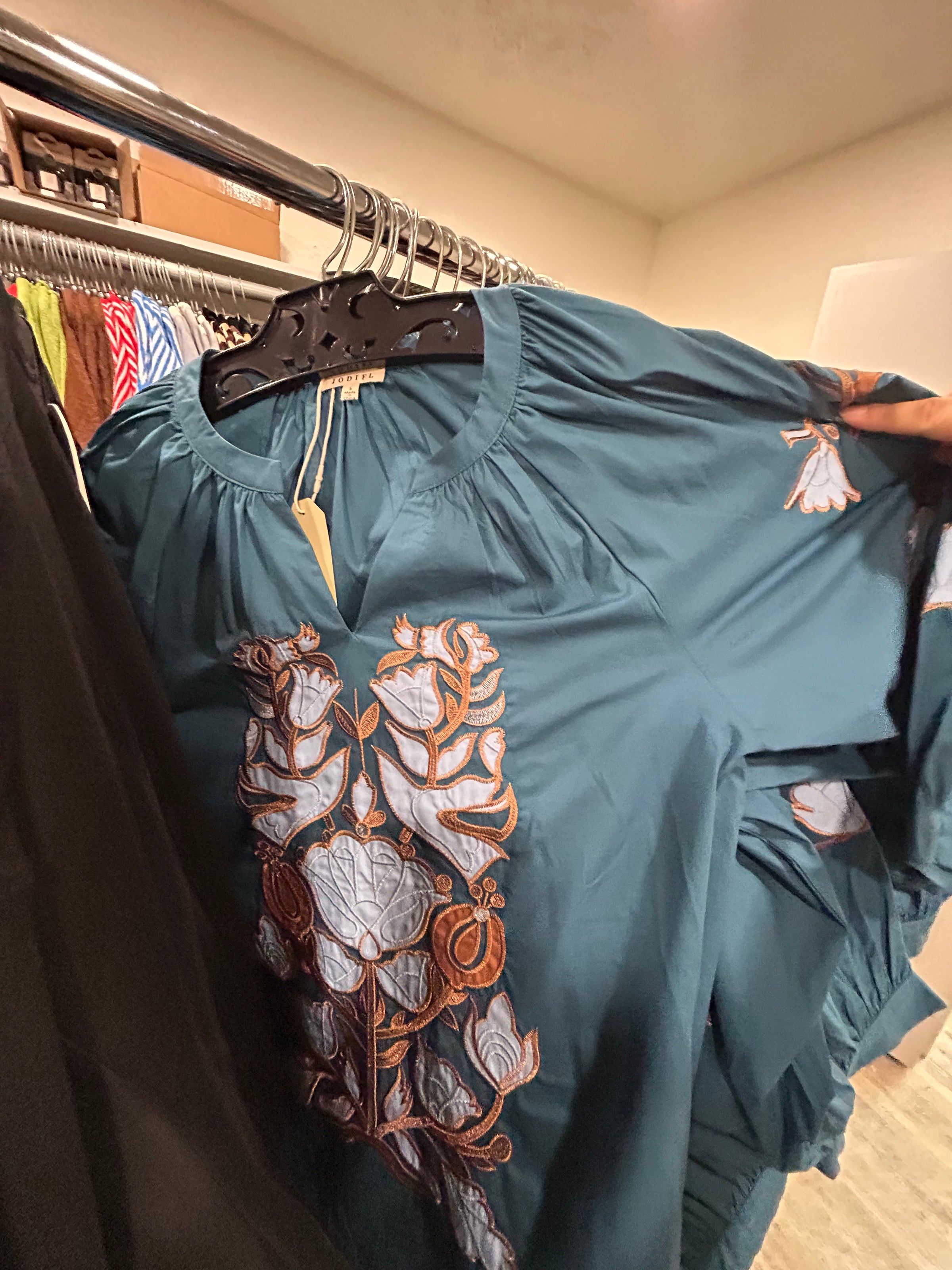 Heirloom Bloom Top - Teal Split Neckline Relaxed Long Sleeve With Elastic Cuff