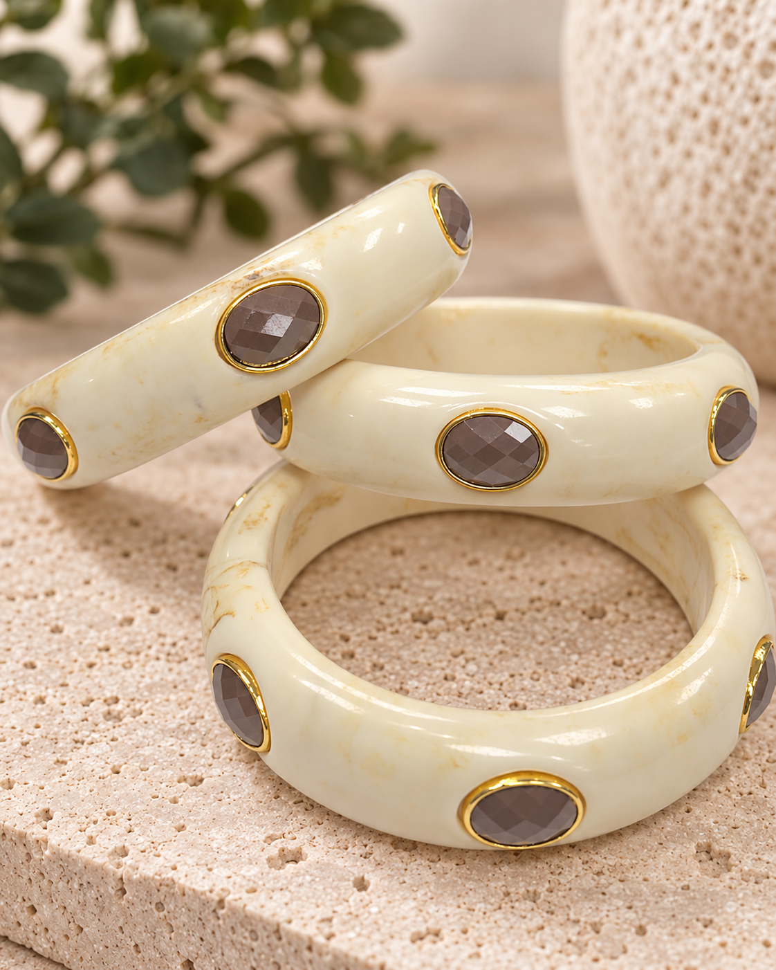 The Ivory Gem acrylic Bangle - Marble Color With Luxe Gold Accents & Brown Stone (Sold Separately)