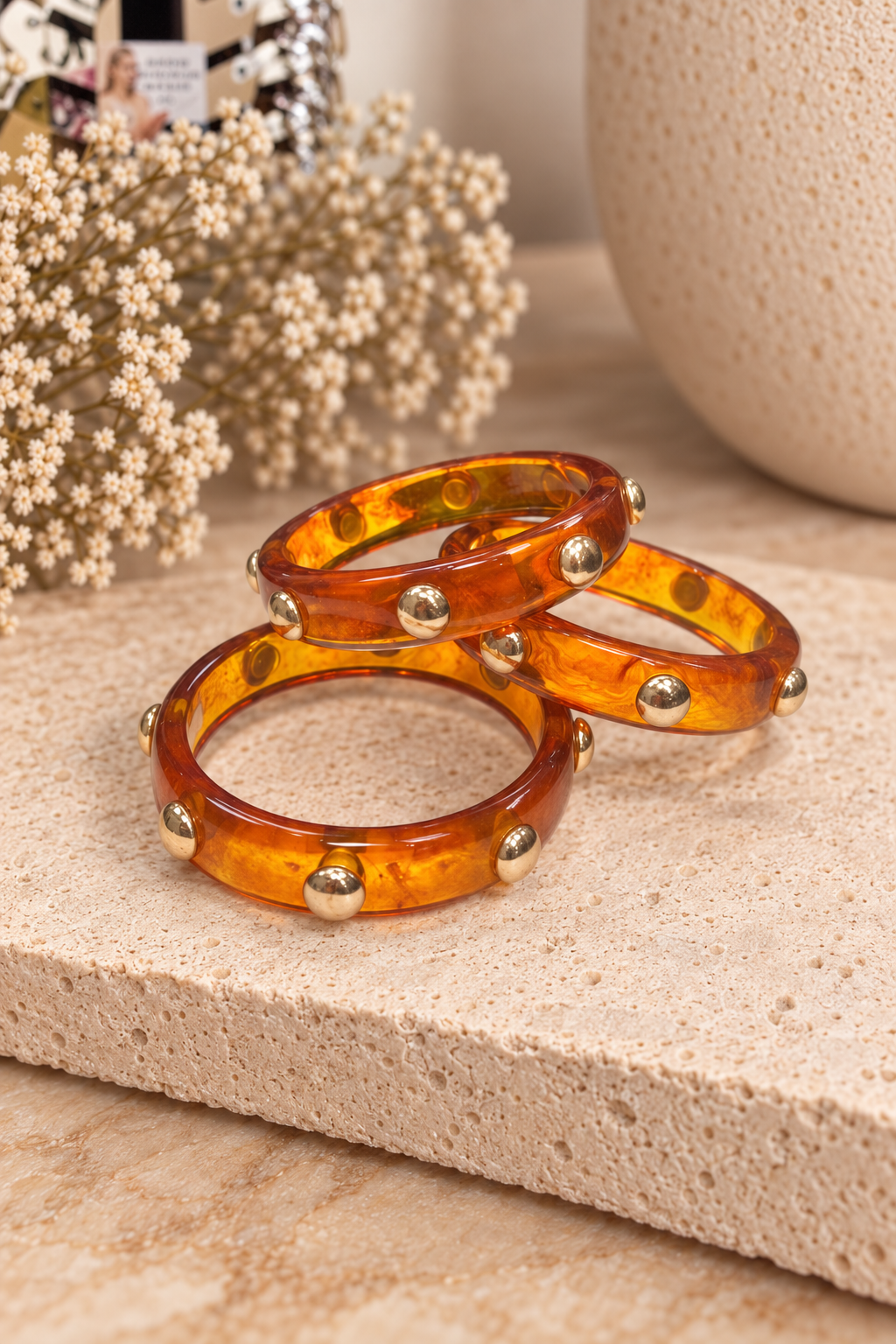 The Sweet Like Honey acrylic Bangle - Translucent Amber Finish With Gold Tone Accents Glossy Finish - (Sold Separately)