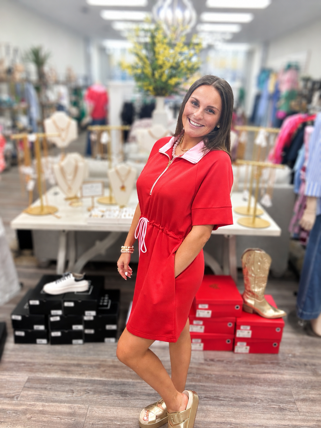 The Amy Dress - Red dress with gold zipper v neck and adjustable pink waist tie - Entro