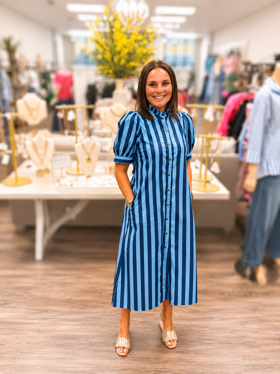 The Avery dress - Navy and light blue button down dress with puff sleeves - Entro