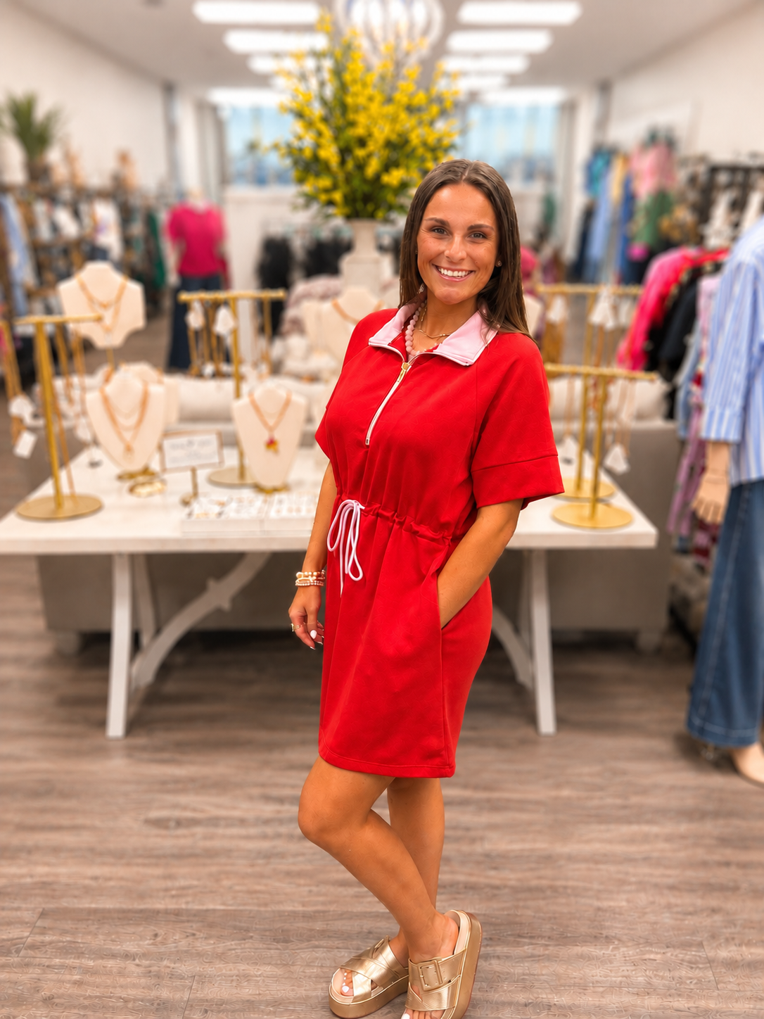The Amy Dress - Red dress with gold zipper v neck and adjustable pink waist tie - Entro