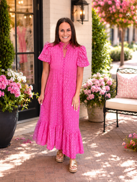 The Pam Dress - Pink Eyelet Lace V Neck Light Puff Sleeve - Entro