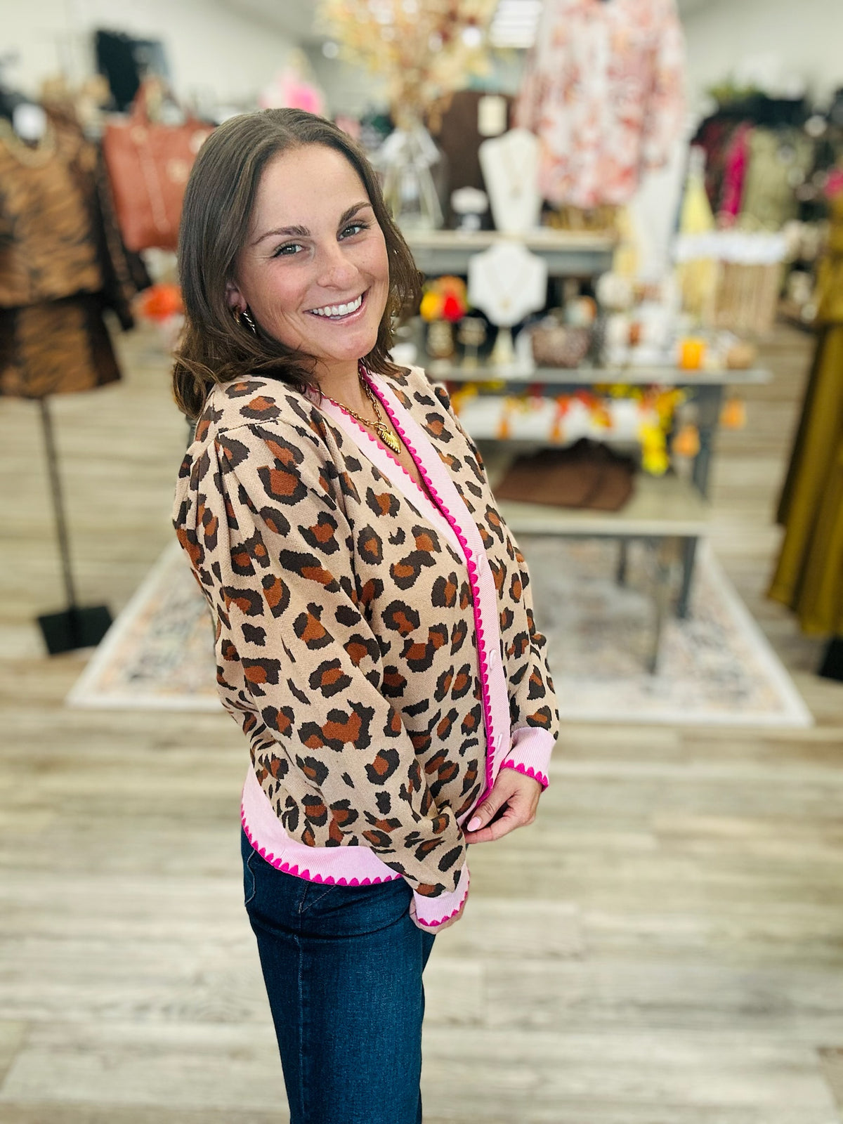 The Charlotte Animal Print Sweater - Scalloped Edge Soft Pink Detail