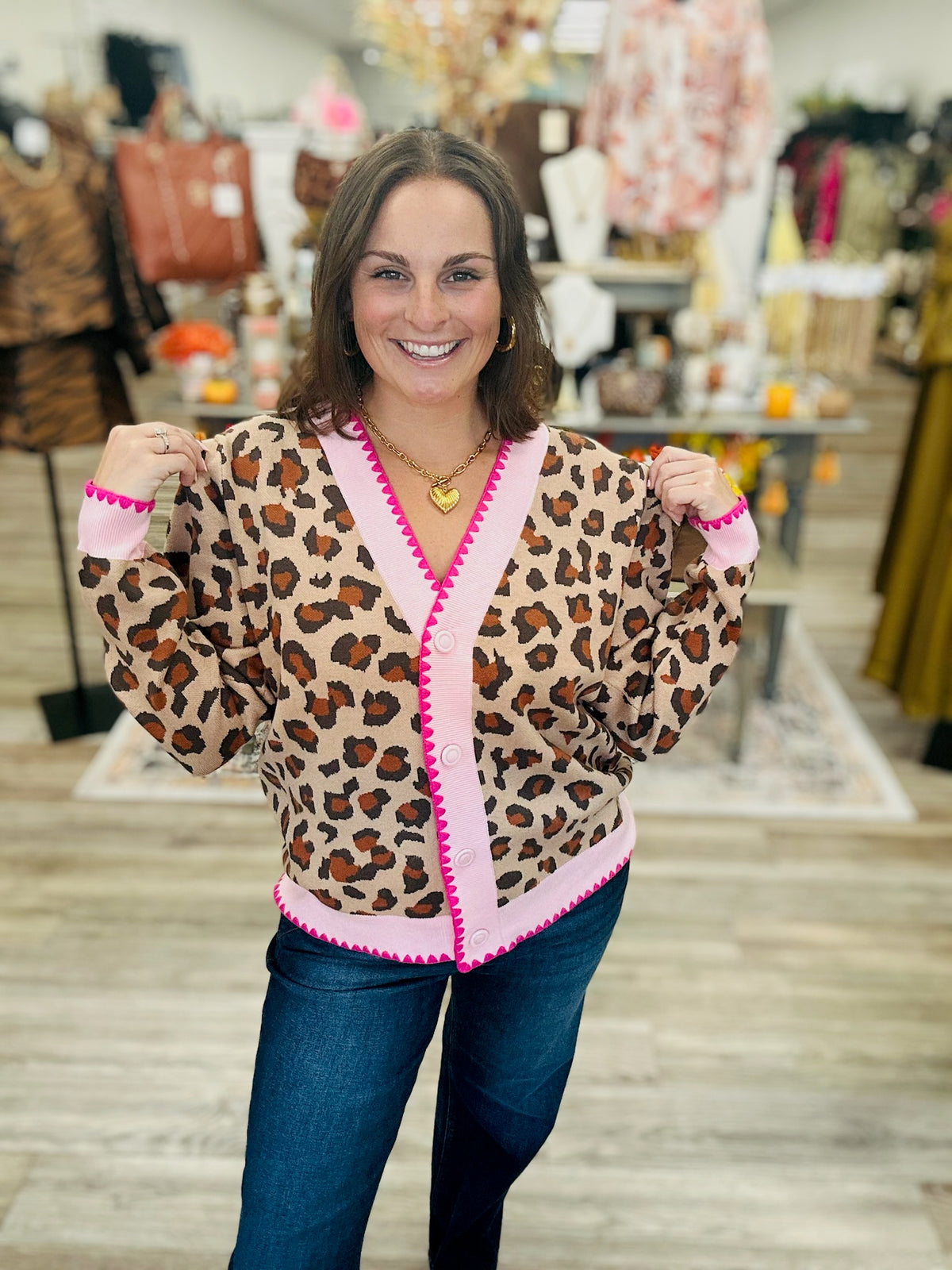The Charlotte Animal Print Sweater - Scalloped Edge Soft Pink Detail