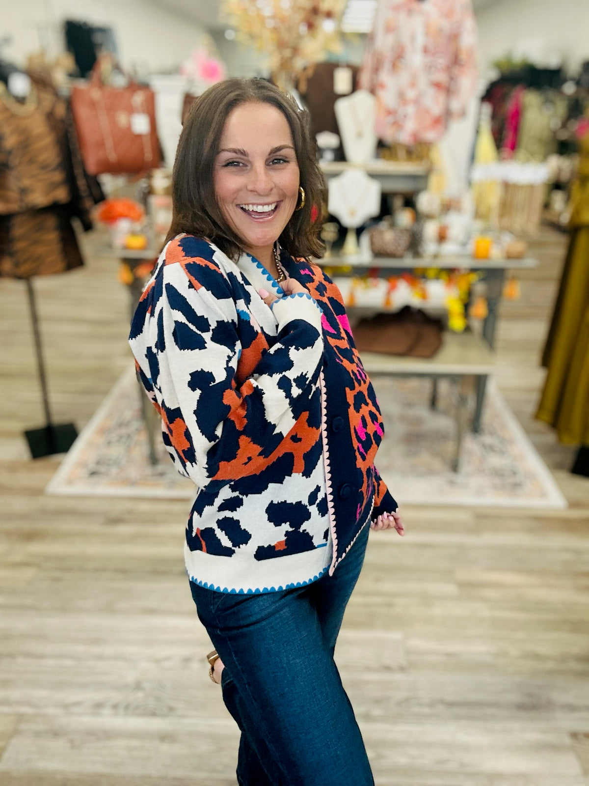 The Hannah Mixed Pattern Sweater - Scalloped trim Color block button down