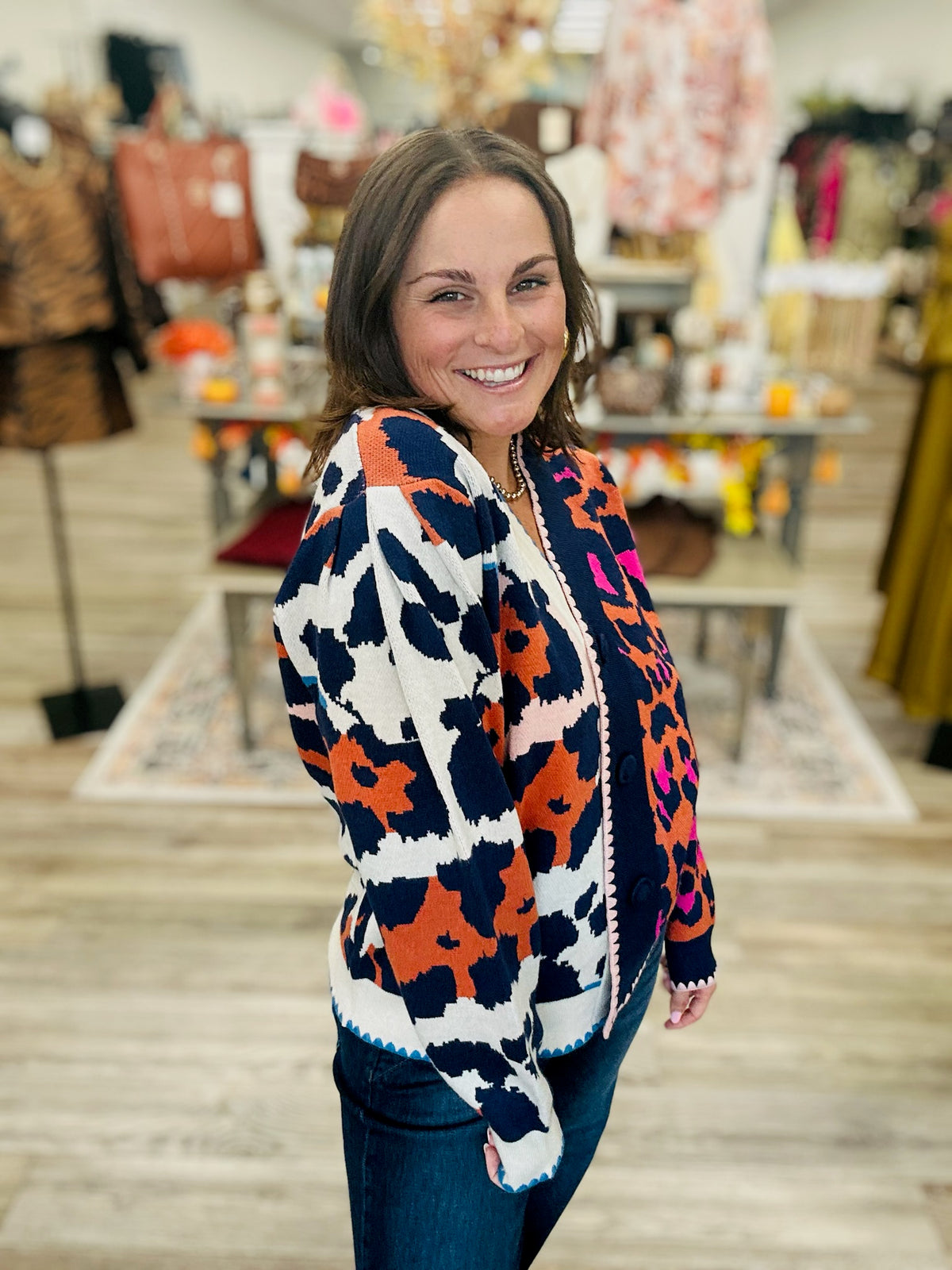 The Hannah Mixed Pattern Sweater - Scalloped trim Color block button down