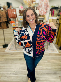 The Hannah Mixed Pattern Sweater - Scalloped trim Color block button down