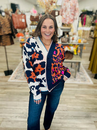 The Hannah Mixed Pattern Sweater - Scalloped trim Color block button down