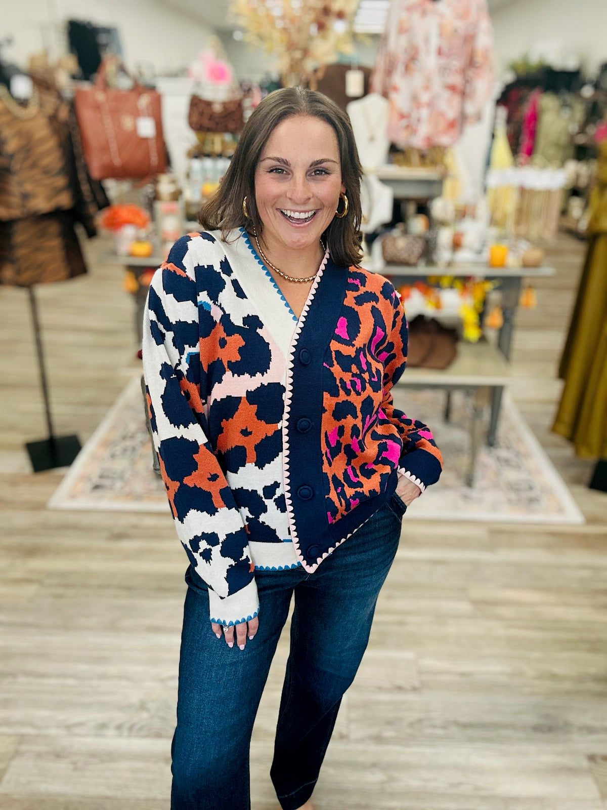 The Hannah Mixed Pattern Sweater - Scalloped trim Color block button down