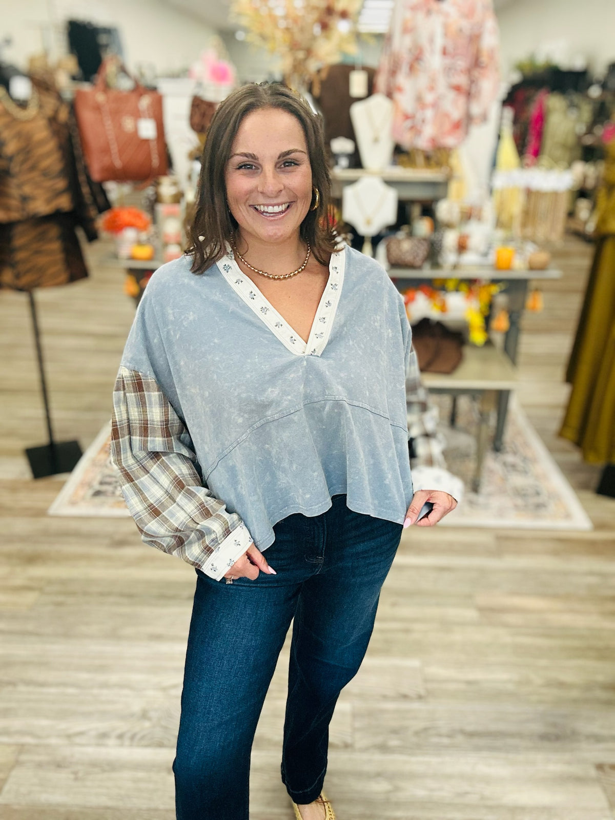 Blue Ridge Patchwork Henley Knit Top