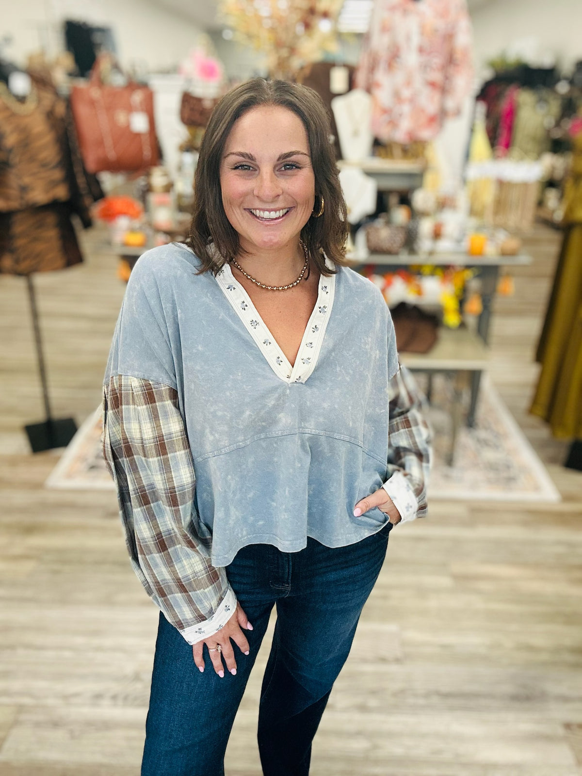 Blue Ridge Patchwork Henley Knit Top