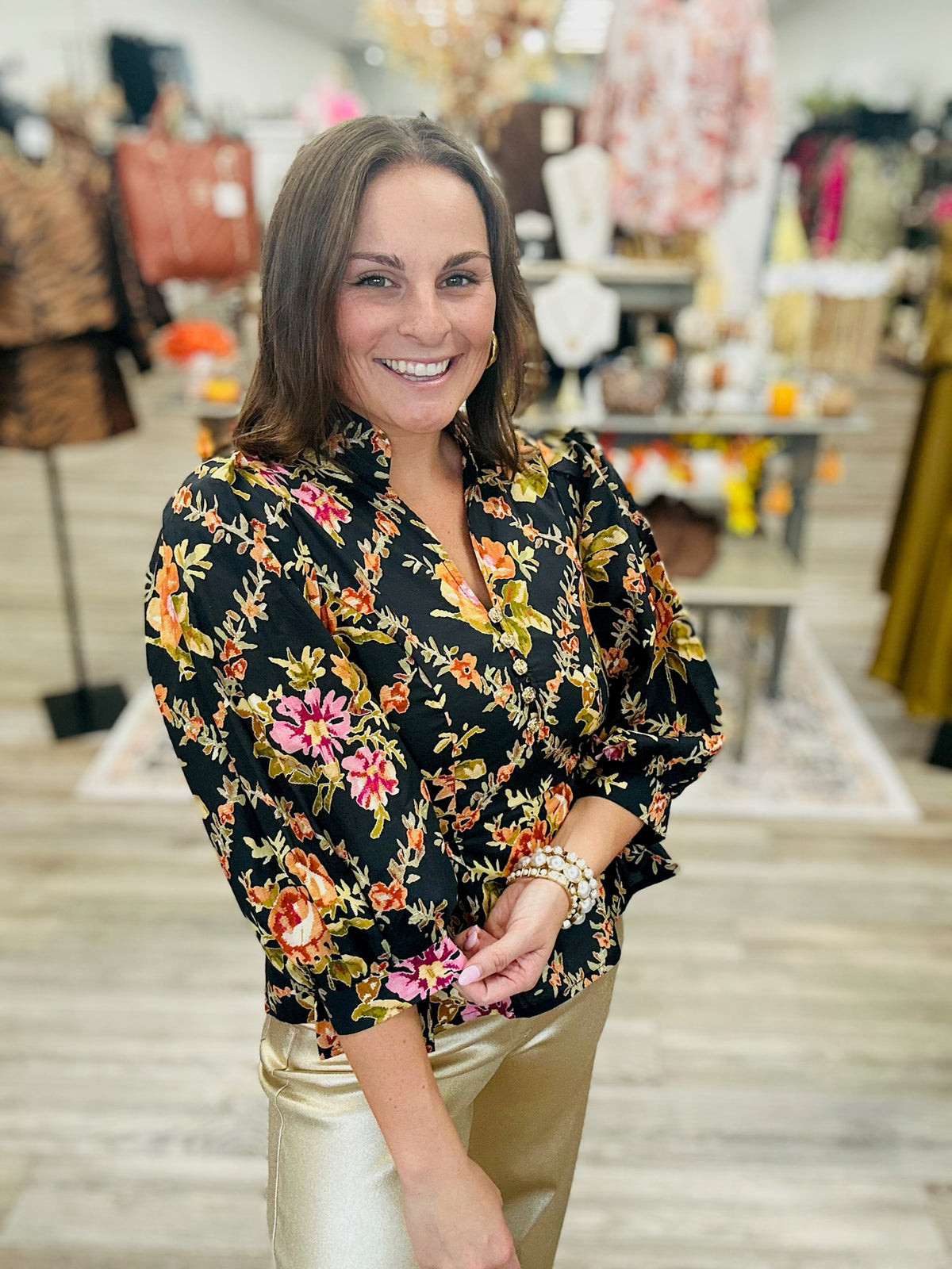 The Dorothy top - black floral top with gold flower button detail