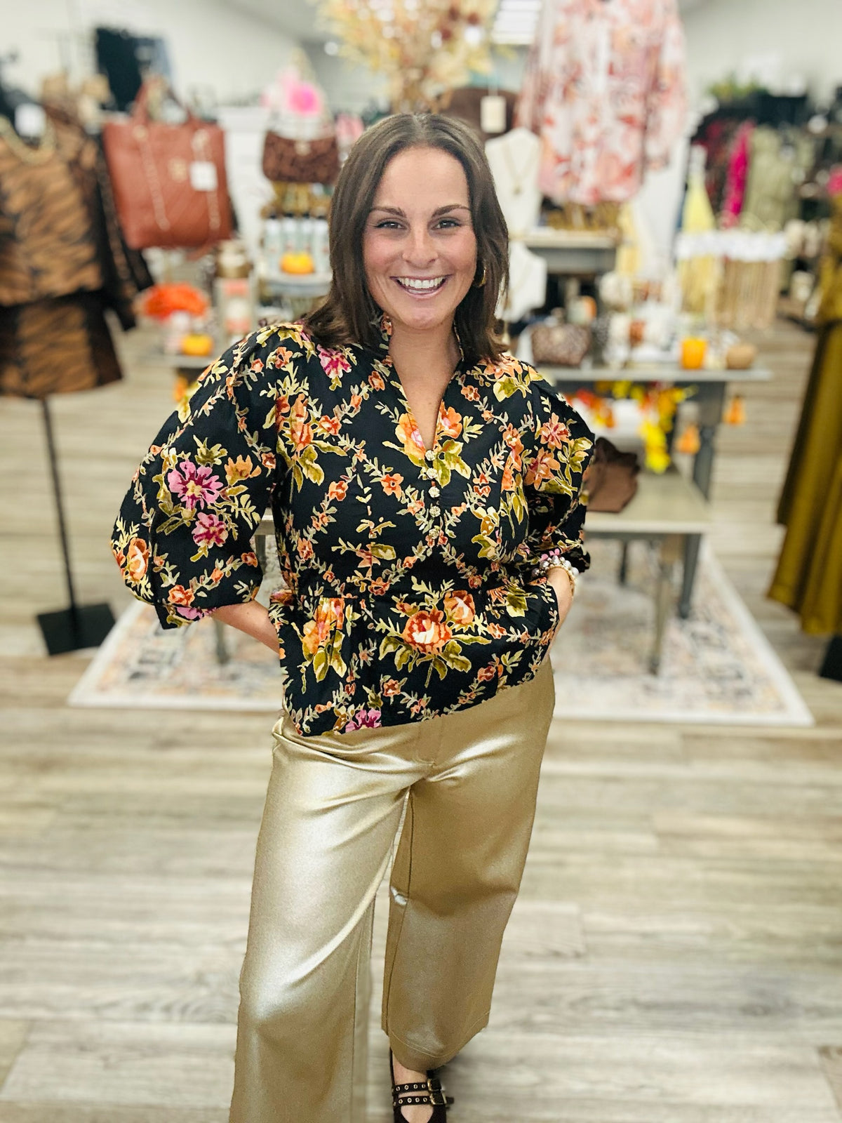 The Dorothy top - black floral top with gold flower button detail