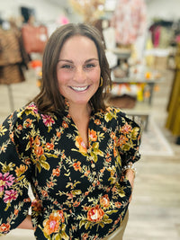 The Dorothy top - black floral top with gold flower button detail