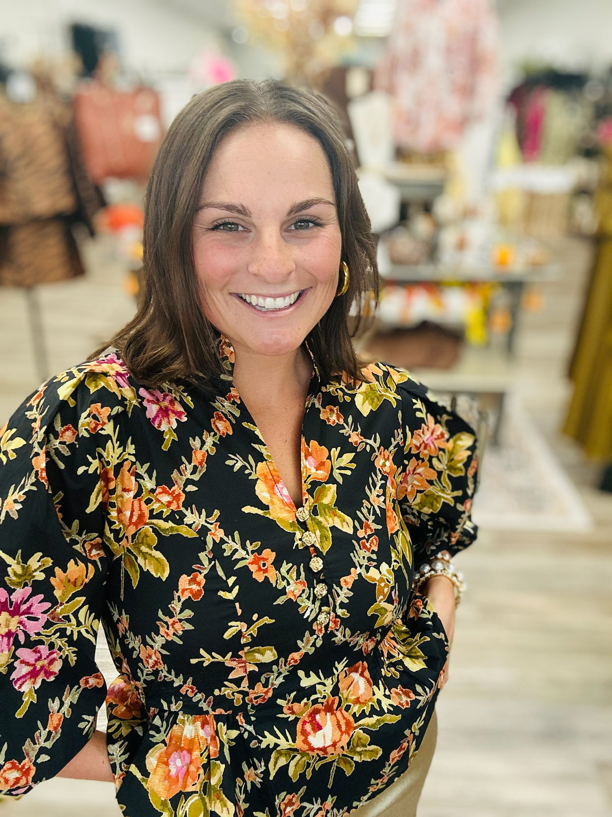 The Dorothy top - black floral top with gold flower button detail