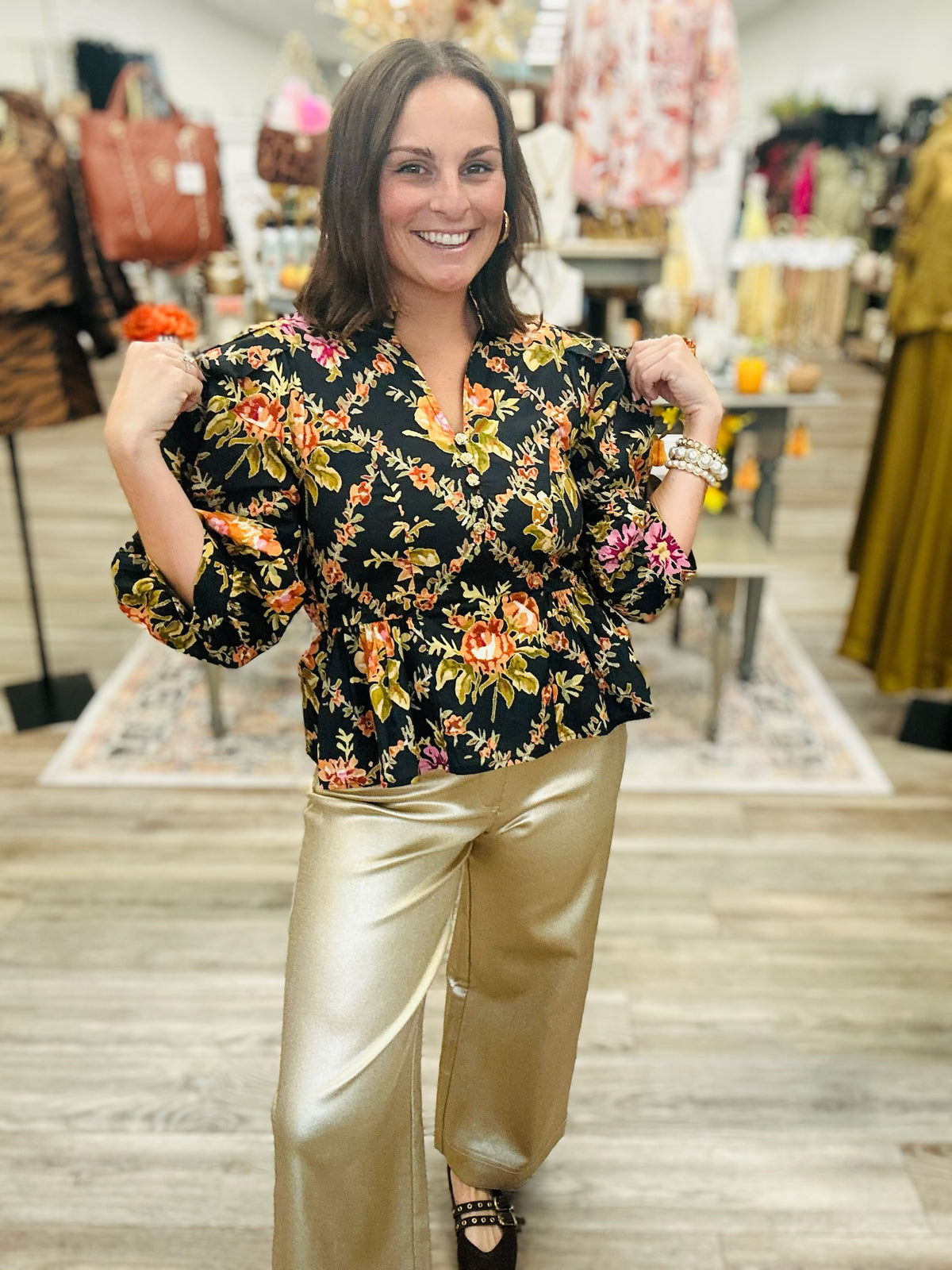 The Dorothy top - black floral top with gold flower button detail